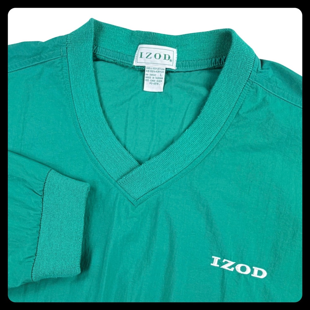 IZOD Golf Windbreaker Pullover Men LARGE‎ Green Nylon PACKABLE V-Neck Ribbed VTG